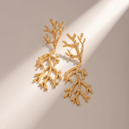 Elegant 18K gold plated coral pearl pendant earrings with a secure stud closure and a tarnish-proof finish