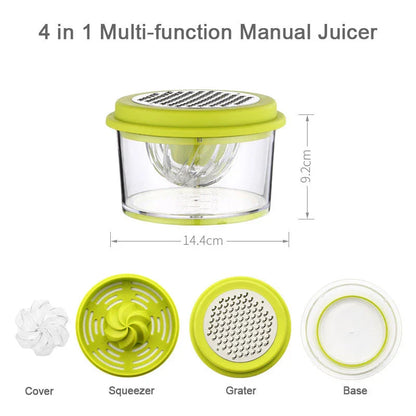 A manual citrus juicer with a built-in measuring cup, grater, and egg separator for versatile kitchen tasks