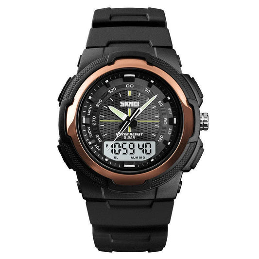 A stylish men's electronic watch with a dual display and a durable rubber strap