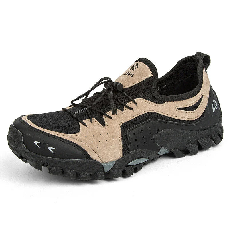 Couple wearing durable British-made mesh hiking shoes exploring the outdoors