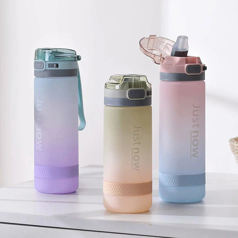 Eco-Friendly Portable Water Bottle with Straw in various colours, including Purple, Yellow, and Blue