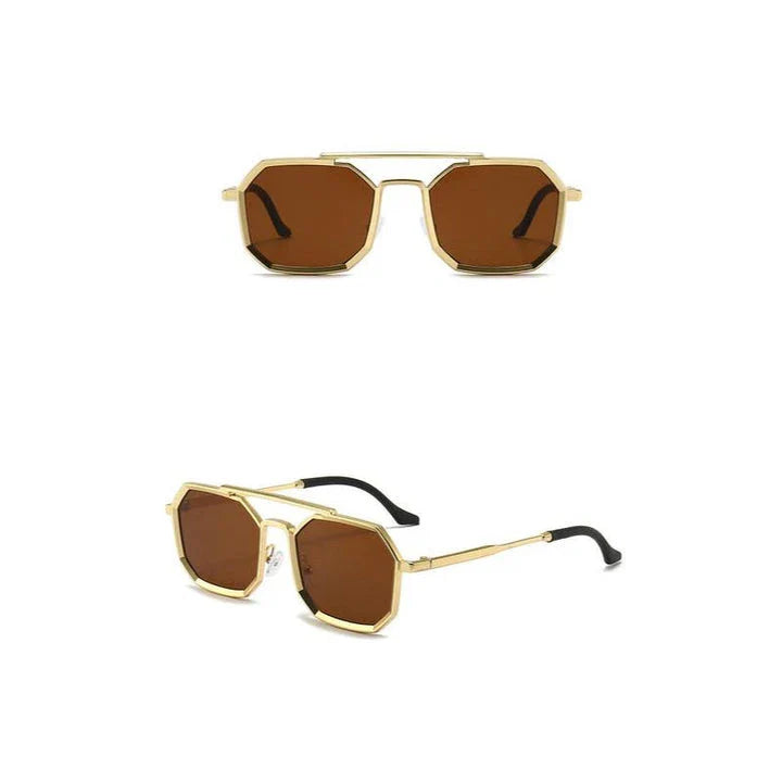 Stylish polygonal double bridge sunglasses with metal frames and mirror-coated lenses for men and women