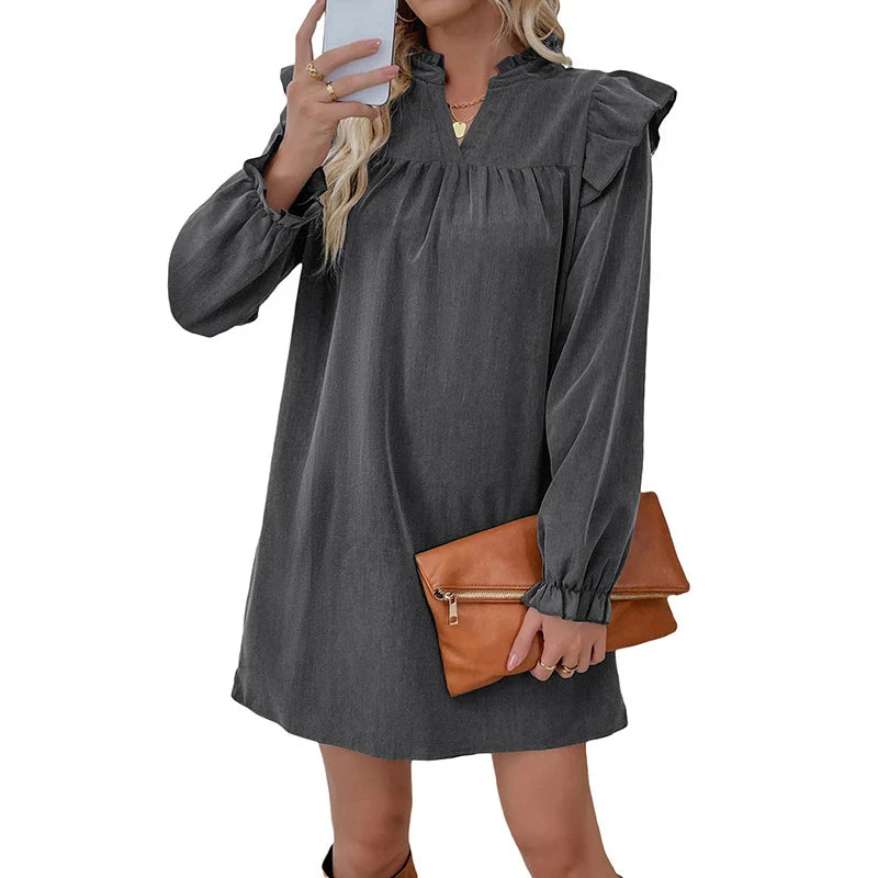 Elegant ruffled long sleeve dress in dark gray with loose lapel design for versatile British women's fashion