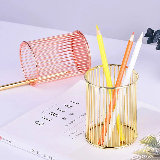 Elegant rose gold pen holder with hollow storage tube design for organising writing instruments, makeup brushes, and chopsticks