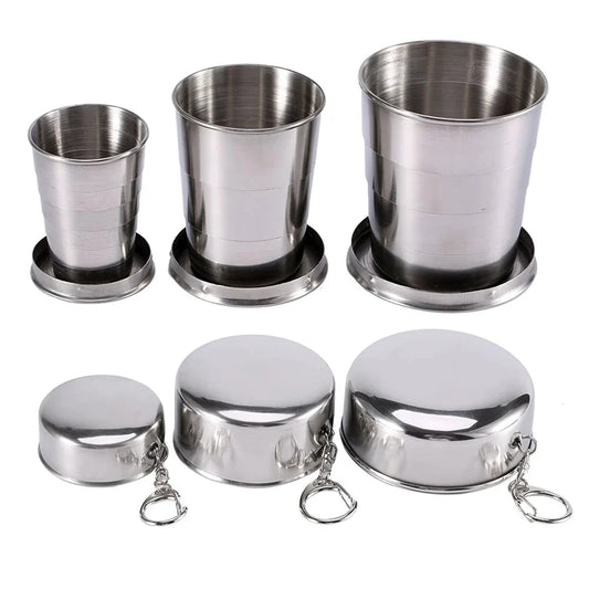 Compact Stainless Steel Folding Cup in three different sizes, perfect for outdoor activities like camping, hiking, and picnics.