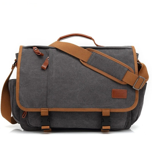 Men's canvas waterproof shoulder bag with 17-inch laptop compartment, durable and weather-resistant design