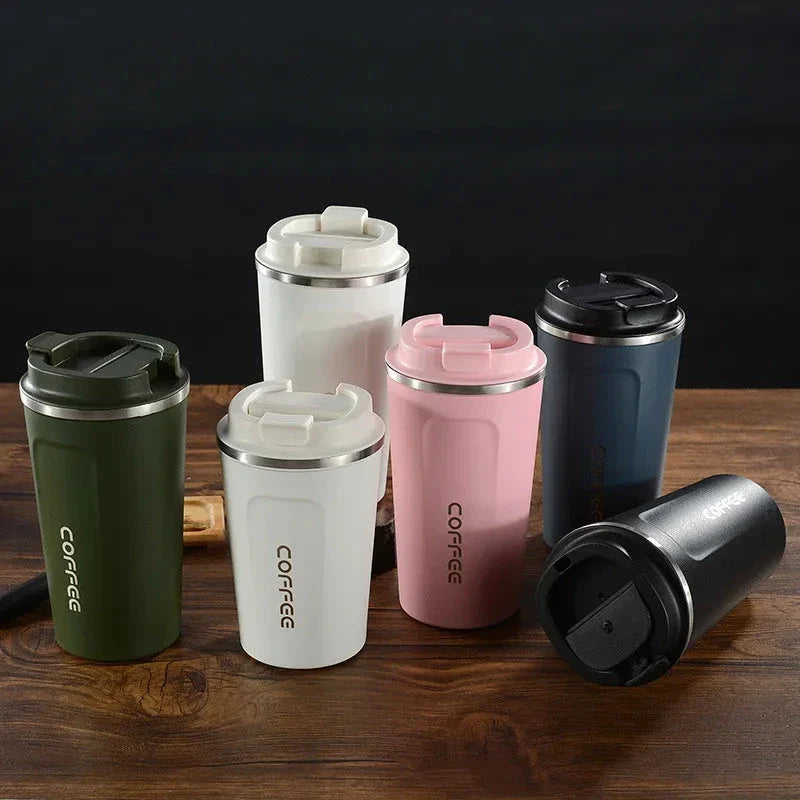 Stylish and durable stainless steel thermos mug with double-wall vacuum insulation, keeping drinks hot or cold for hours on end.