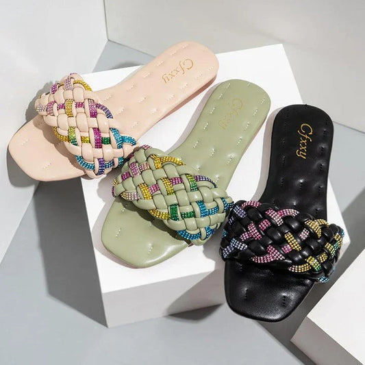 Trendha Colourful Diamond Embroidered Flat Sandals with PU Leather, Rubber Sole, and Elegant Embroidery Pattern