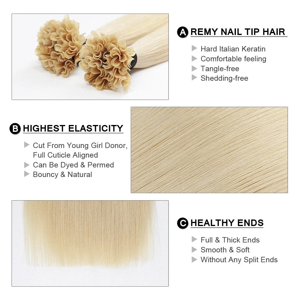 Premium Keratin U-Tip Hair Extensions in Cold Blonde, providing natural-looking length and volume