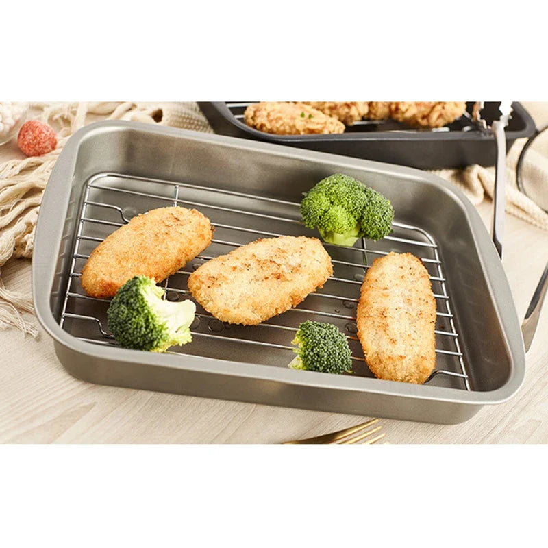 Premium non-stick oven grilled fish tray with elevated frame, ideal for cooking a variety of proteins to perfection