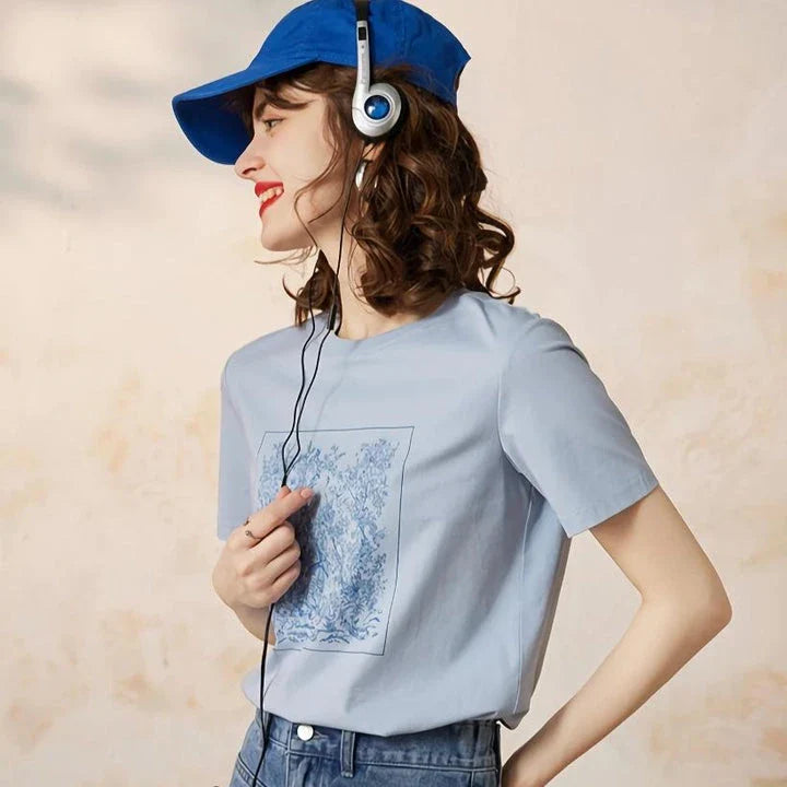 Casual round neck short sleeve women's t-shirt with natural scenery print in a comfortable, stretchy cotton-polyester blend