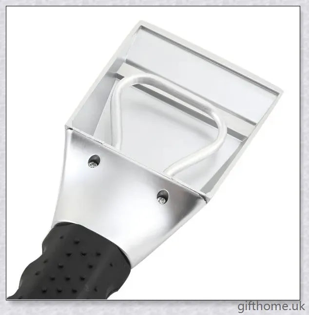 Premium heated snow shovel with stainless steel and plastic construction, designed for efficient snow and ice removal.