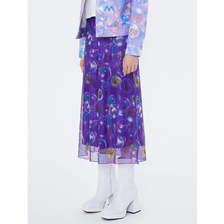 Elegant floral midi skirt with Chinese-inspired design, made of breathable polyester mesh fabric