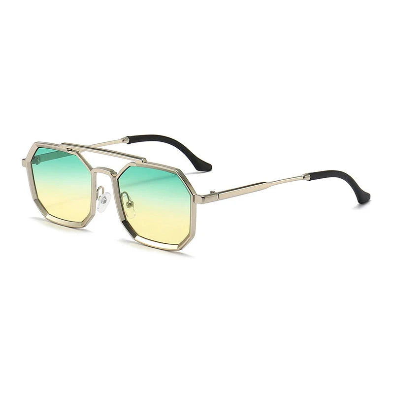 Stylish polygonal double bridge sunglasses with metal frames and mirror-coated lenses for men and women