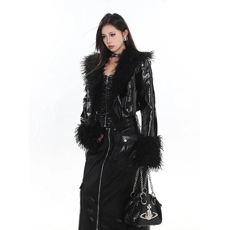 Elegant women's leather jacket with plush suede collar, a blend of timeless style and contemporary British fashion