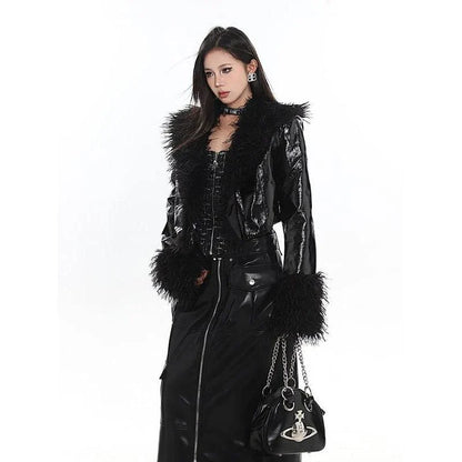 Elegant women's leather jacket with plush suede collar, a blend of timeless style and contemporary British fashion