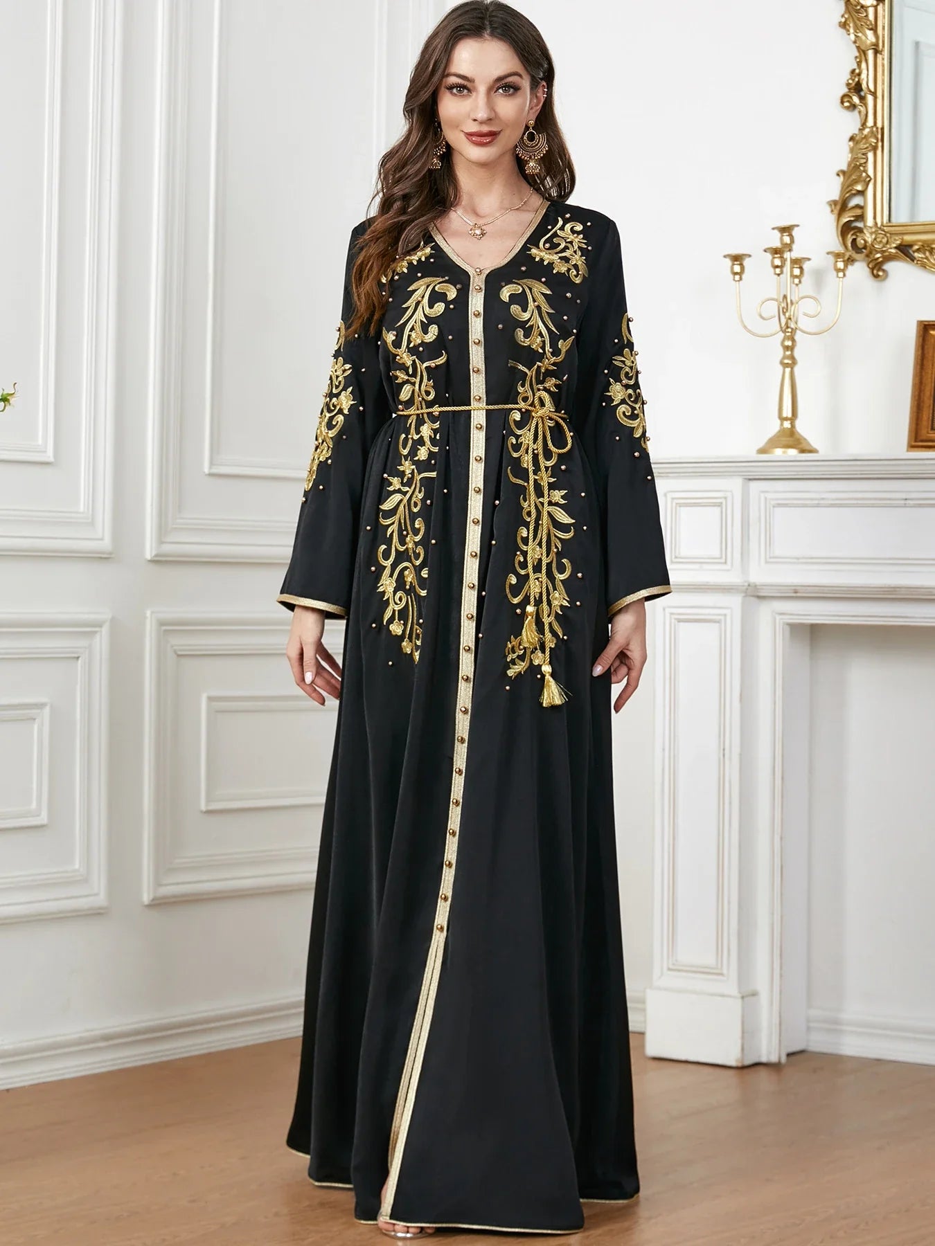 Elegant long-sleeve dress with floral embroidery in a sophisticated sapphire blue colour, suitable for British women