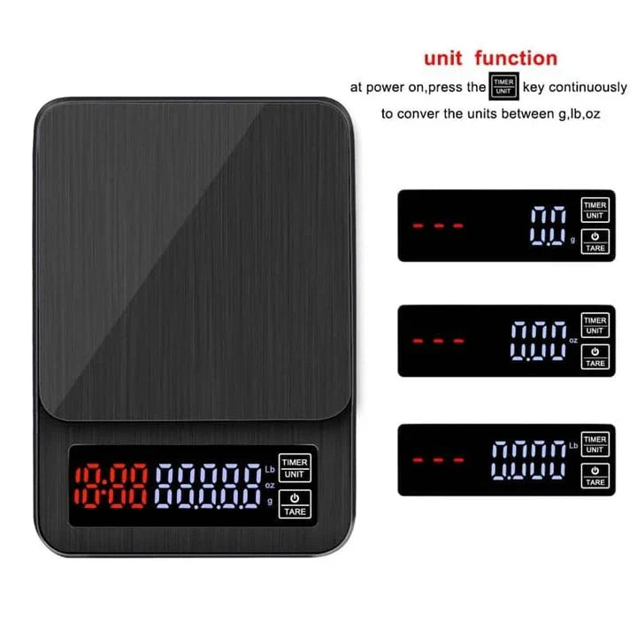 Premium digital coffee scale with LCD display, timer, and stainless steel platform for precise brewing control