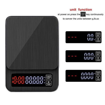 Premium digital coffee scale with LCD display, timer, and stainless steel platform for precise brewing control