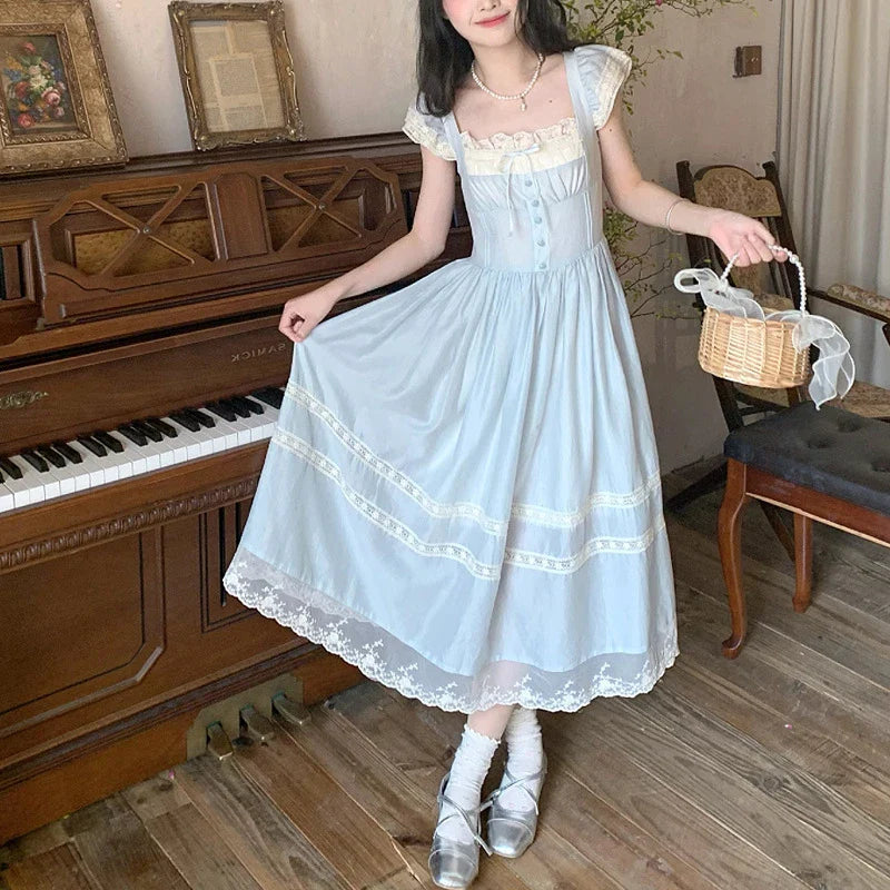 Elegant lace bow blue long dress for stylish ladies, featuring a high-waisted design and sleeveless silhouette for a sophisticated formal look.