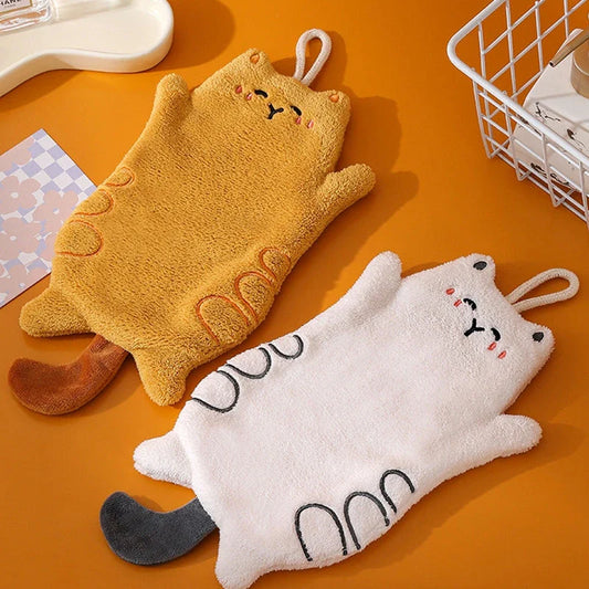 Soft, absorbent coral velvet cat-shaped hand towel with convenient hanging lanyard