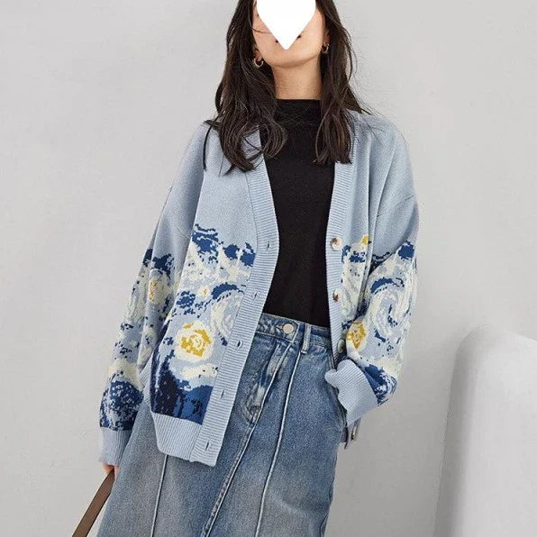 A cosy, vintage-inspired knitted sweater for women, featuring a design inspired by the iconic artwork of Van Gogh.