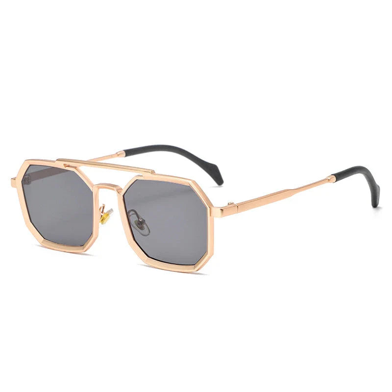 Stylish polygonal double bridge sunglasses with metal frames and mirror-coated lenses for men and women