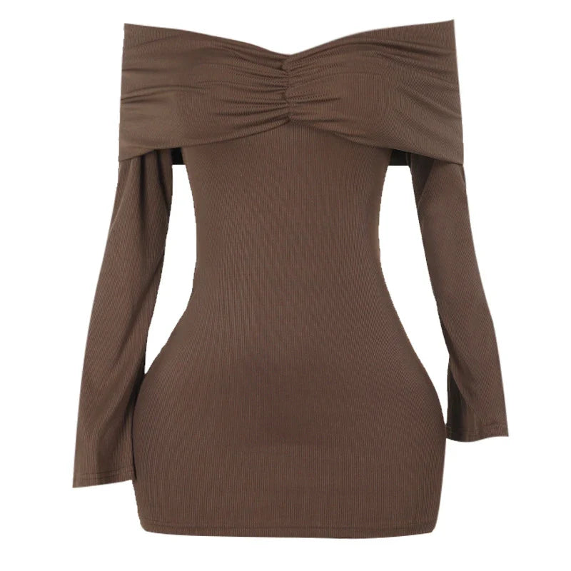 Trendha Slim-Fit Pleated Off-Shoulder Dress in Brown with Long Sleeves