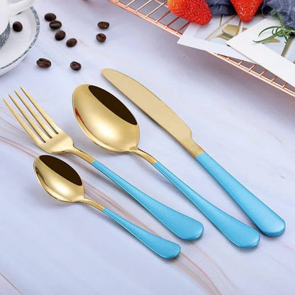 Premium eco-friendly stainless steel tableware set including knife, fork, spoon, and tea spoon in a sophisticated frosted finish