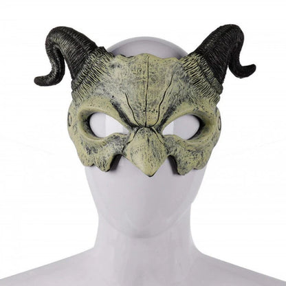 A chilling Halloween mask with long, twisted horns and a fearsome, ghostly expression, crafted from premium acrylic materials.