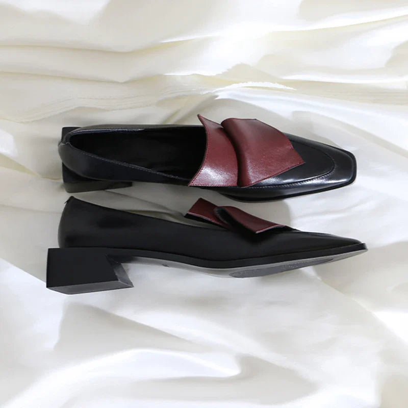 Stylish leather sateen shoes with a vibrant colour-matching design and low-heel comfort