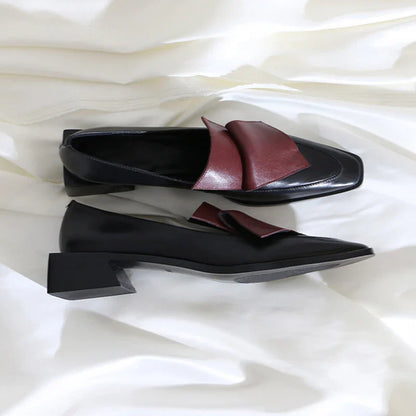 Stylish leather sateen shoes with a vibrant colour-matching design and low-heel comfort