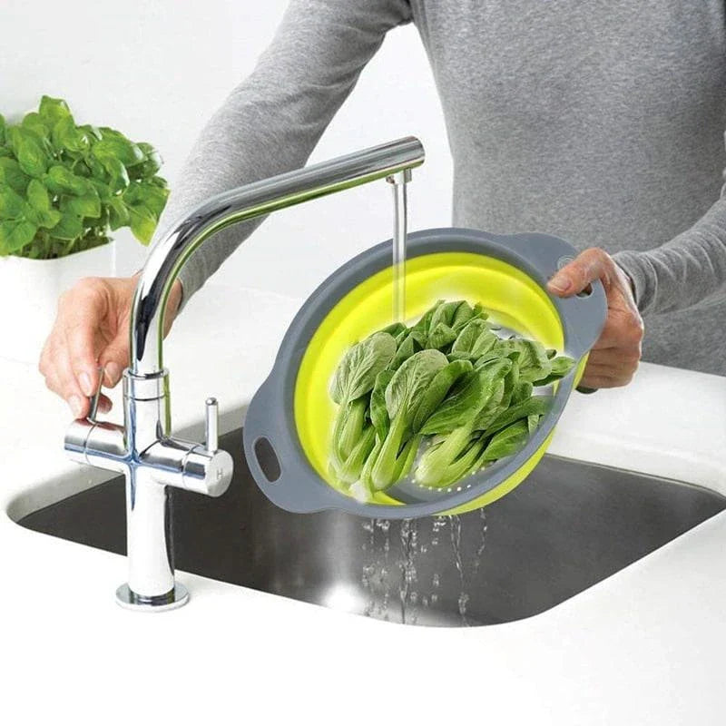 Premium Colourful Folding Strainer with Collapsible Silicone Frame for Draining Pasta and Rinsing Vegetables