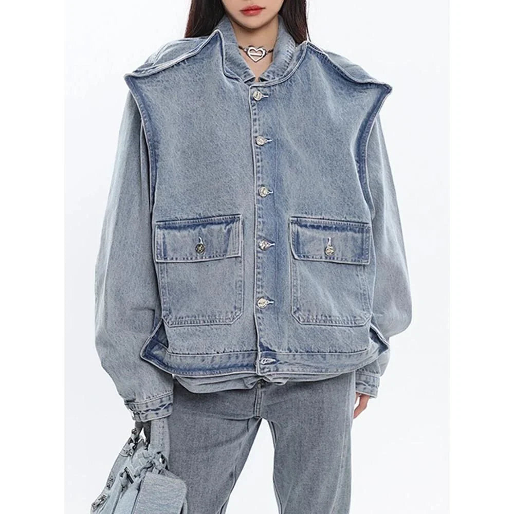 A stylish patchwork denim jacket with a relaxed fit, made from a blend of polyester and cotton for comfort and durability.