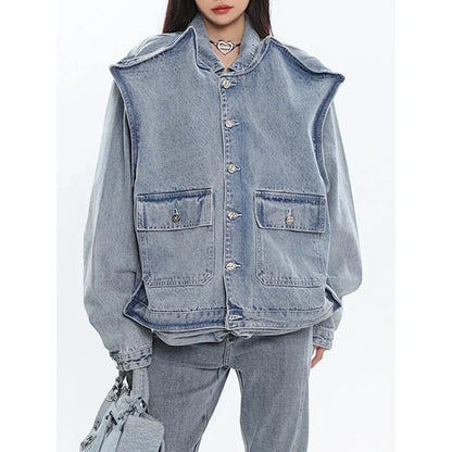A stylish patchwork denim jacket with a relaxed fit, made from a blend of polyester and cotton for comfort and durability.