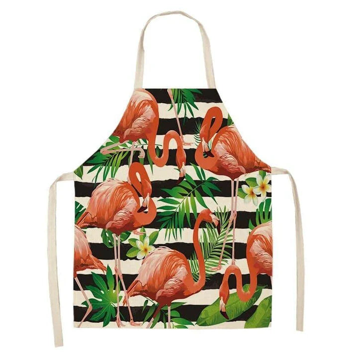 Flamingo Print Apron with Adjustable Neck Strap and Waist Ties, Made of Cotton and Linen Blend