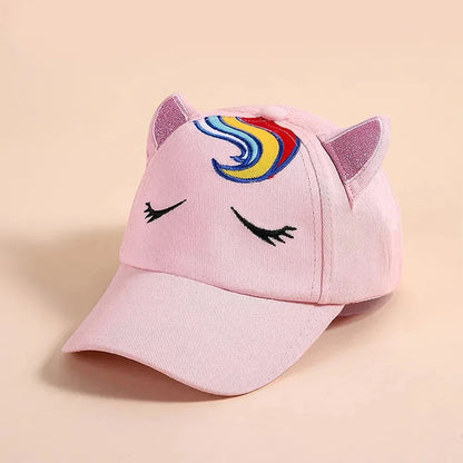 A playful, embroidered kids' baseball cap in a vibrant red panda colour, featuring a cute cartoon cat design and shimmering sequin accents.