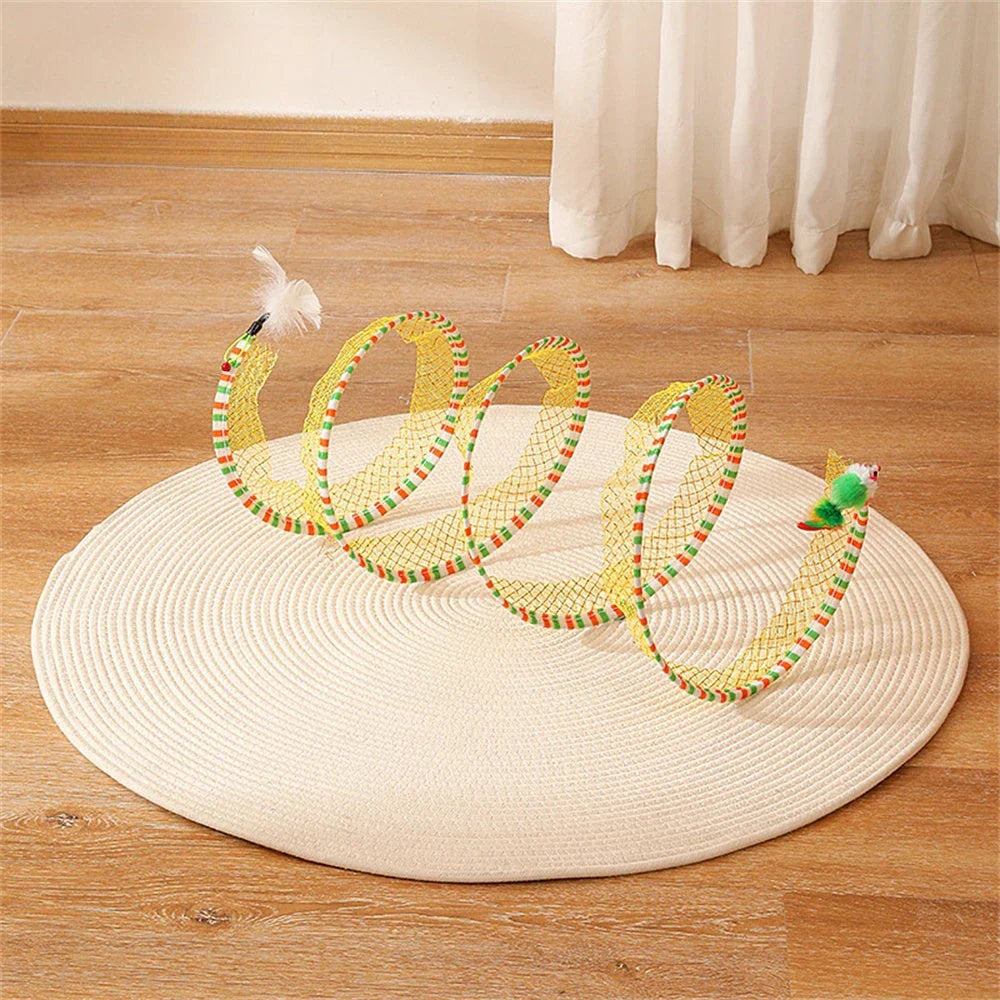 Folding cat play tunnel with various toys like balls, feathers, and mice attached to the sides