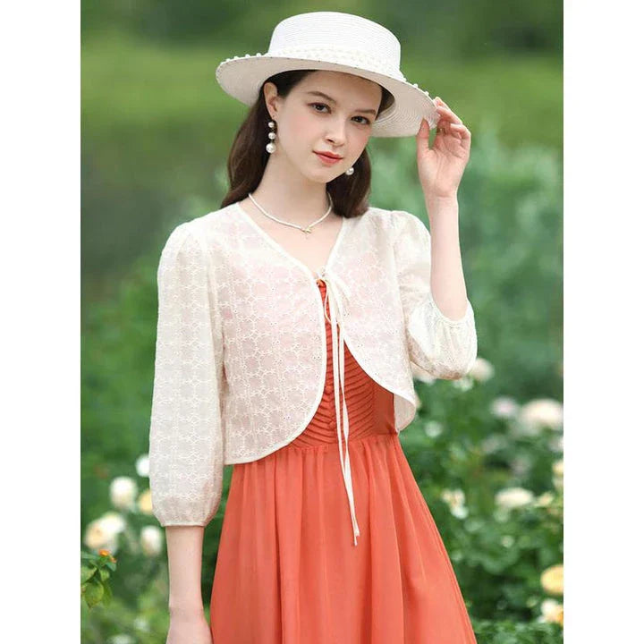 Elegant Summer Lace Jacket for Women - Vintage-inspired style with floral and lace design, puff sleeves, and wide-waisted cut for a flattering silhouette.