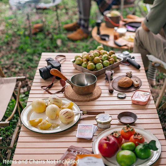 Outdoor Folding Egg Roll Table made from premium beech wood, perfect for camping, picnics, and other outdoor activities in the UK