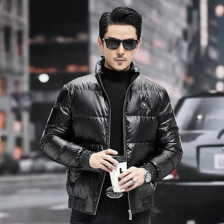 Warm and weatherproof men's down jacket with stand collar and knitted sleeves, made from premium polyester fibre and filled with luxurious duck down