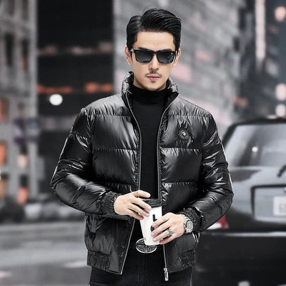 Warm and weatherproof men's down jacket with stand collar and knitted sleeves, made from premium polyester fibre and filled with luxurious duck down