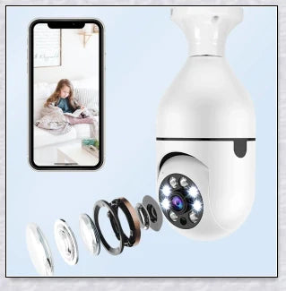 Discreet 1080p 360-degree panoramic WiFi security camera hidden in a light bulb design for comprehensive home surveillance