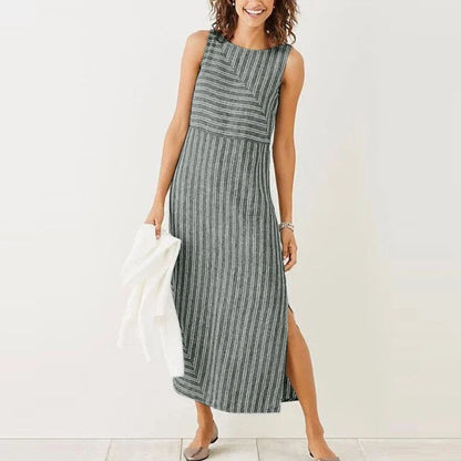Sleeveless maxi dress with geometric stitching pattern, made of premium cotton and linen blend