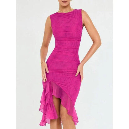 Elegant backless midi dress with ruffled tiers and sleeveless design, perfect for British women's fashion