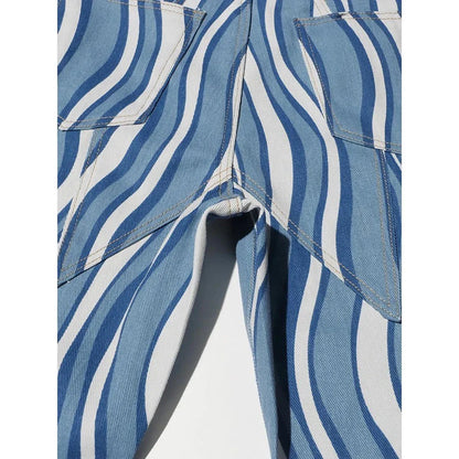 Women's high-waist striped denim trousers in a stylish blue colour, featuring a unique pattern and functional design for everyday wear.