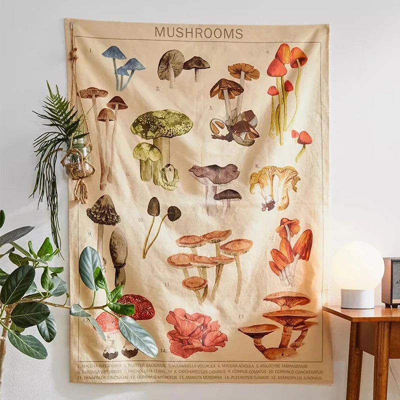 Mushroom Tapestry Wall Hanging with Botanical Print and Floral Illustrations