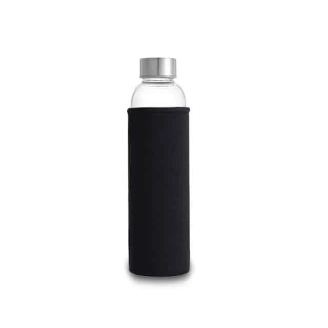 Premium minimalist glass sports water bottle in a variety of sizes and colours, designed for sustainable and stylish hydration