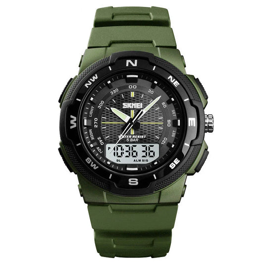 Sleek, black British-designed electronic watch with dual digital display and comprehensive features