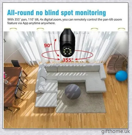 5G Wi-Fi smart home surveillance bulb camera with 360-degree coverage, night vision, and remote monitoring capabilities